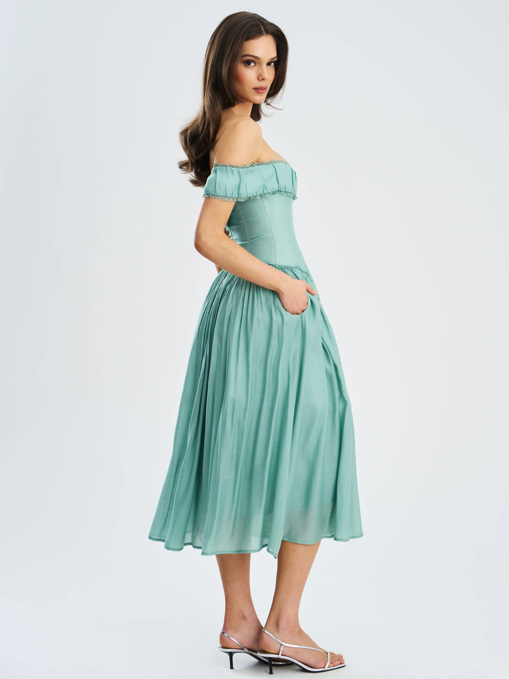 Seafoam Green Off-Shoulder Corset-Style Midi Dress | Lace-Trim A-Line Wedding Guest Dress