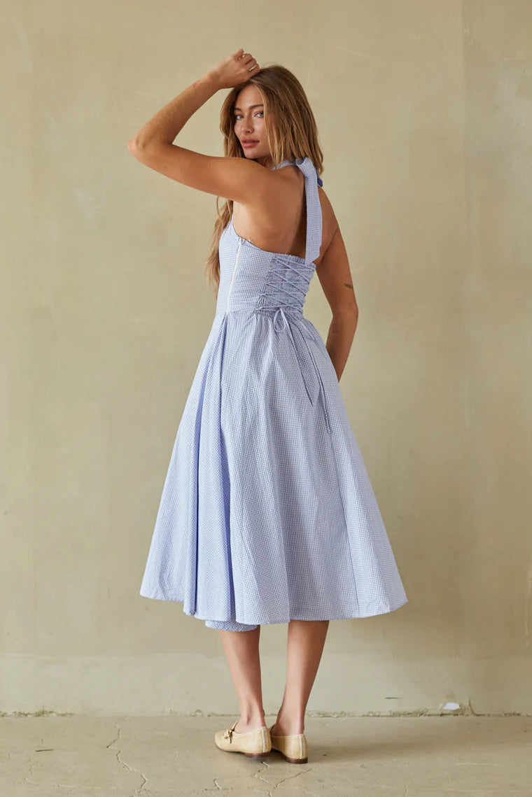 Gingham Halter Midi Dress | Lace-Up Back Corset-Style A-Line Sundress