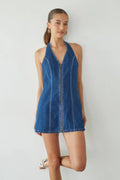 Blue Denim Halter Mini Dress | Zip-Front Open-Back A-Line Dress