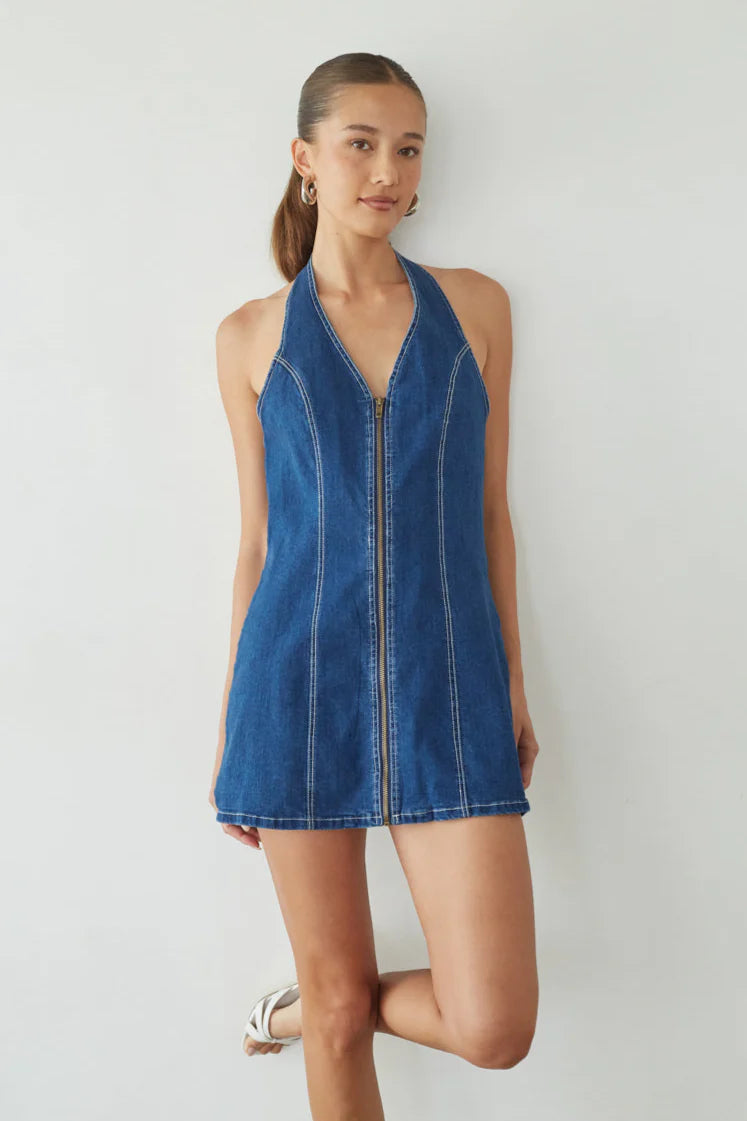 Blue Denim Halter Mini Dress | Zip-Front Open-Back A-Line Dress