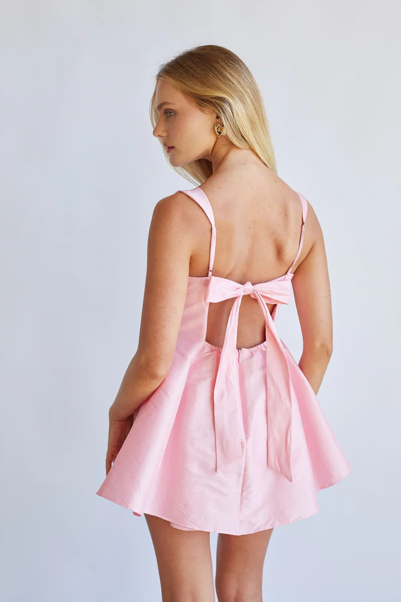 Pink Bow-Back Mini Dress | Square Neck Pleated Fit-and-Flare Party Dress