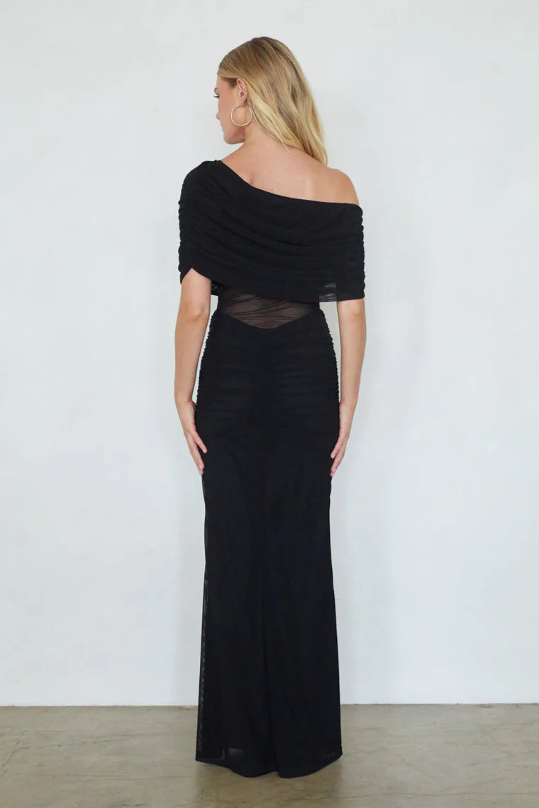 Black Asymmetric Off-Shoulder Maxi Dress | Ruched Mesh-Waist Evening Gown