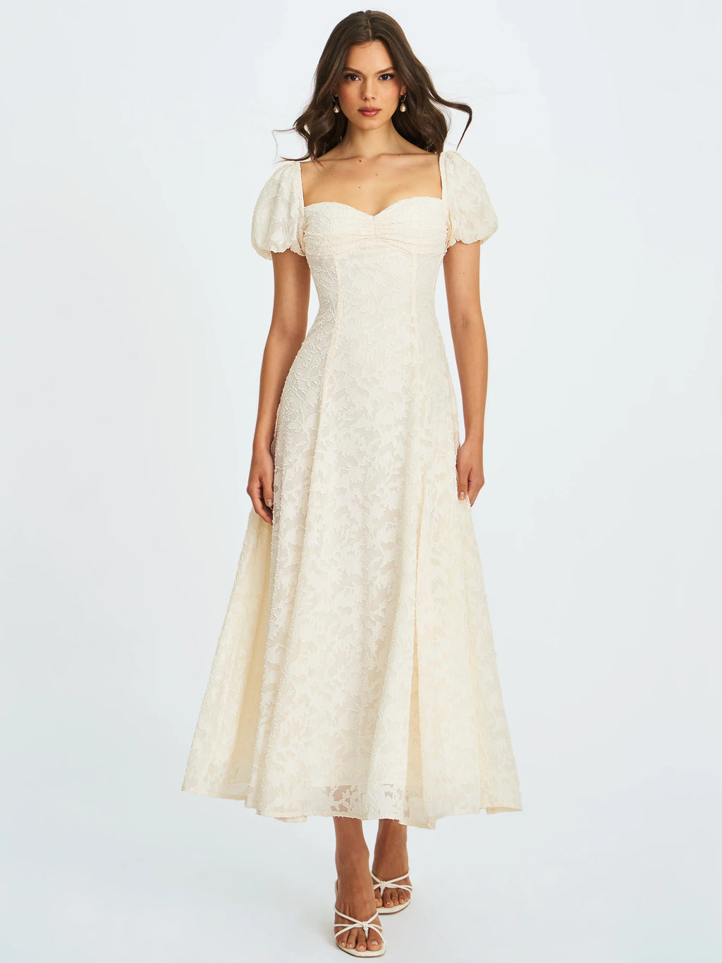 Ivory Floral Lace Puff Sleeve Midi Dress with Lace-Up Back | Sweetheart Bridal Dress