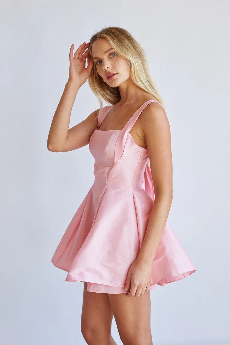 Pink Bow-Back Mini Dress | Square Neck Pleated Fit-and-Flare Party Dress