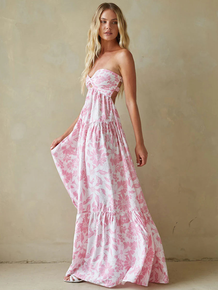 Floral Strapless Maxi Dress | Twist-Front Cutout Tiered Vacation Sundress