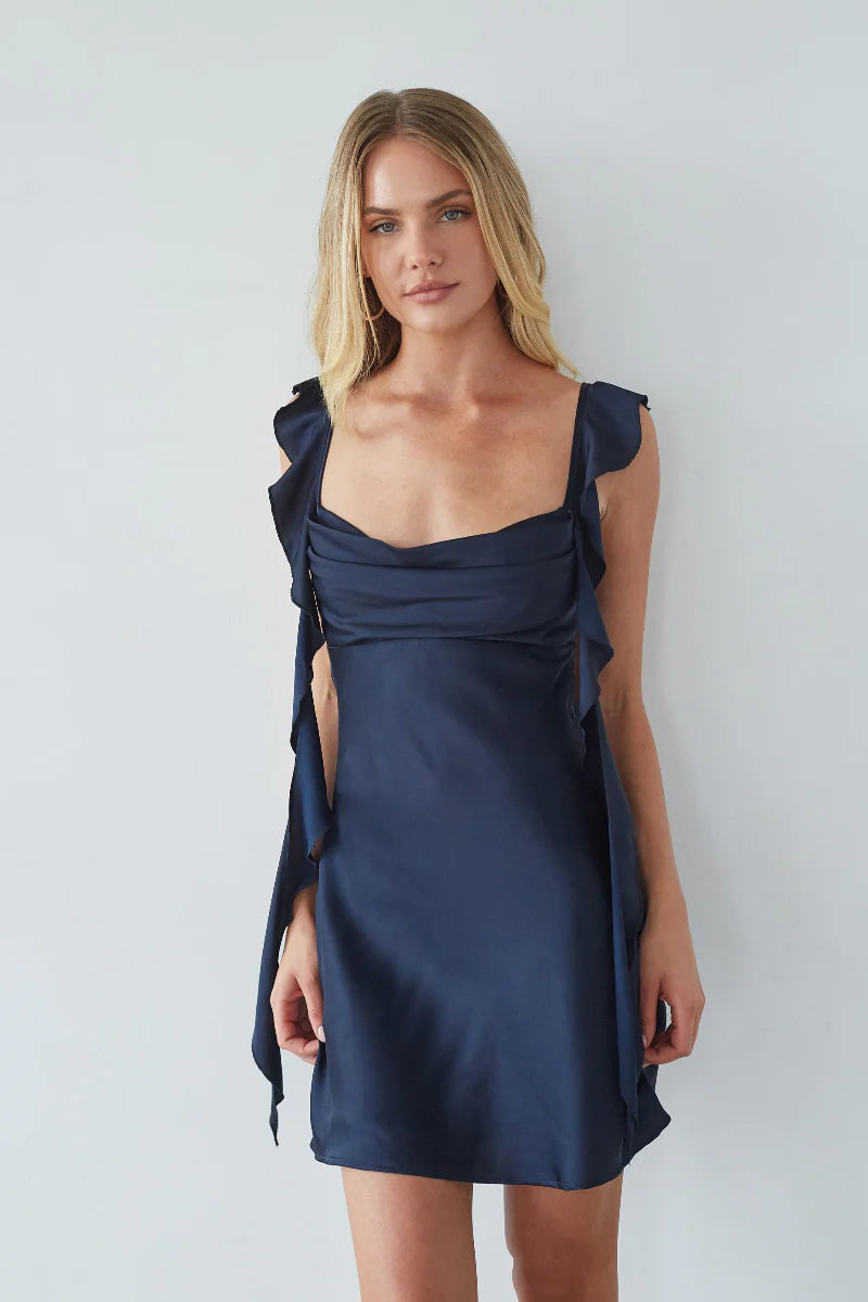 Ruffle Strap Mini Slip Dress | Cowl Neck Open-Back Satin-Look Party Dress