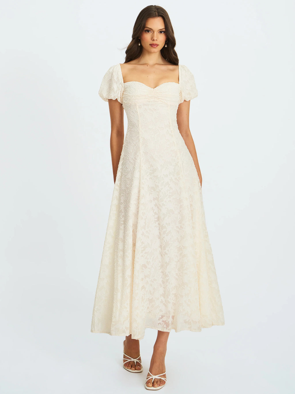 Ivory Floral Lace Puff Sleeve Midi Dress with Lace-Up Back | Sweetheart Bridal Dress