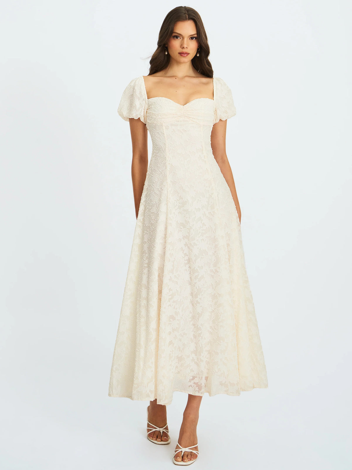Ivory Floral Lace Puff Sleeve Midi Dress with Lace-Up Back | Sweetheart Bridal Dress