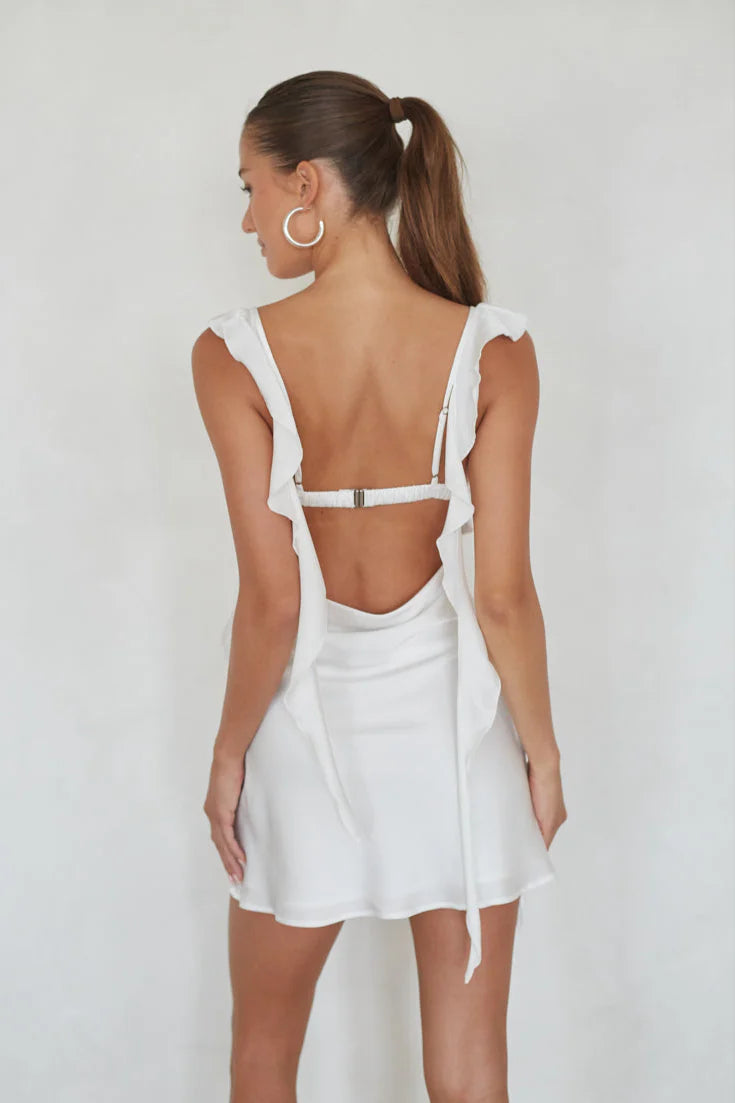 Ruffle Strap Mini Slip Dress | Cowl Neck Open-Back Satin-Look Party Dress