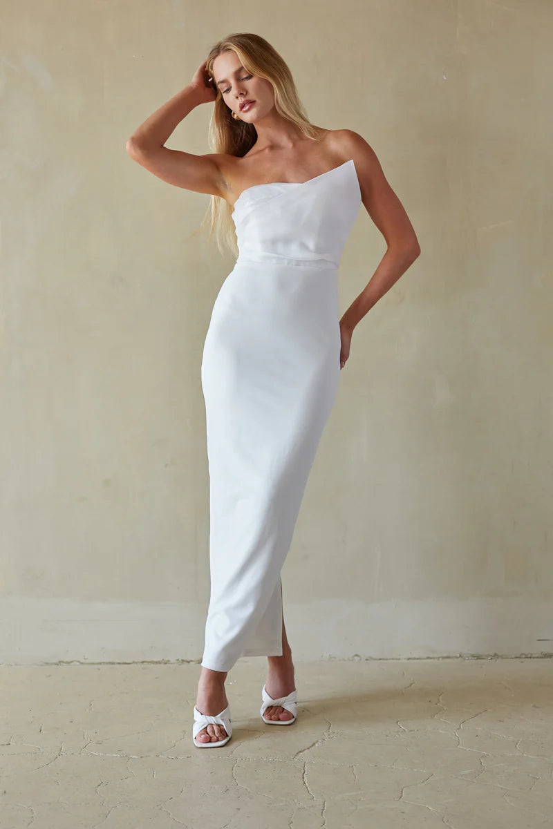 White Strapless Column Maxi Dress | Asymmetric Neckline Bridal Occasion Dress