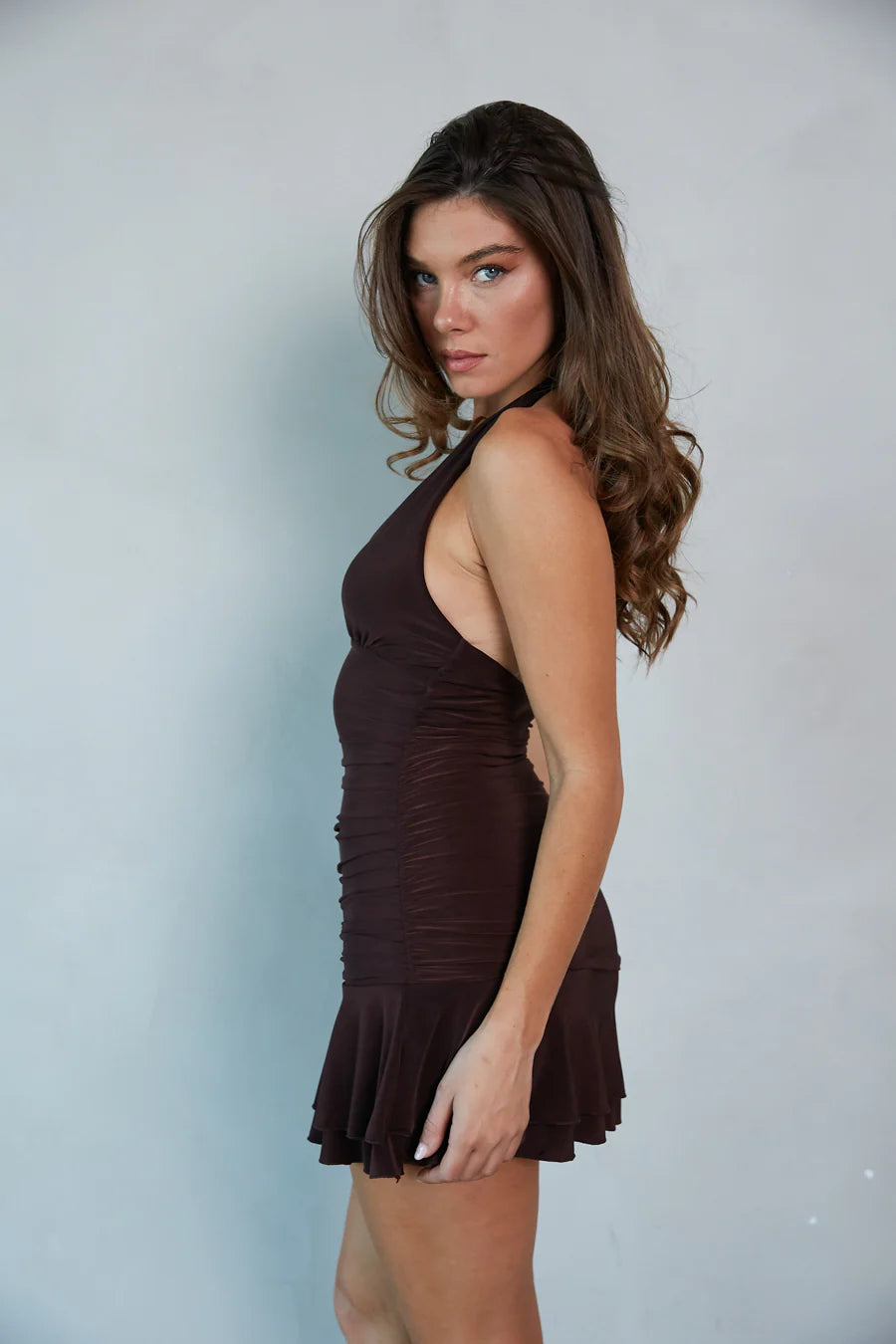 Chocolate Brown Halter Mini Dress | Deep V-Neck Ruched Open-Back Party Dress