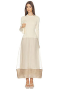 Ivory and Beige Long Sleeve Maxi Dress | Crew Neck Sheer Overlay A-Line Dress