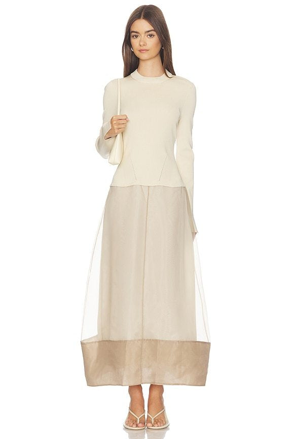 Ivory and Beige Long Sleeve Maxi Dress | Crew Neck Sheer Overlay A-Line Dress