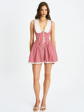 Red Gingham Mini Dress with White Collar | Sleeveless Lace-Trim A-Line Sundress