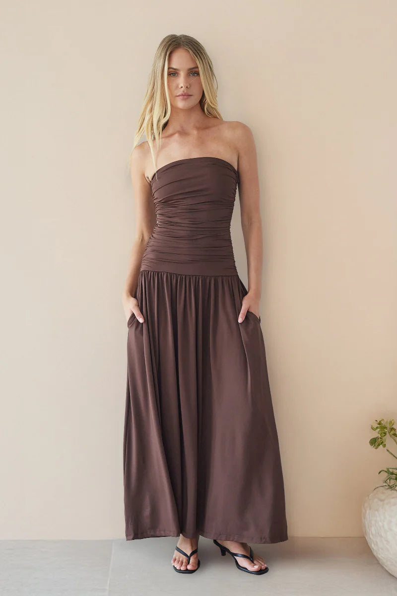 Strapless Ruched Drop-Waist Maxi Dress with Pockets | A-Line Occasion Dress