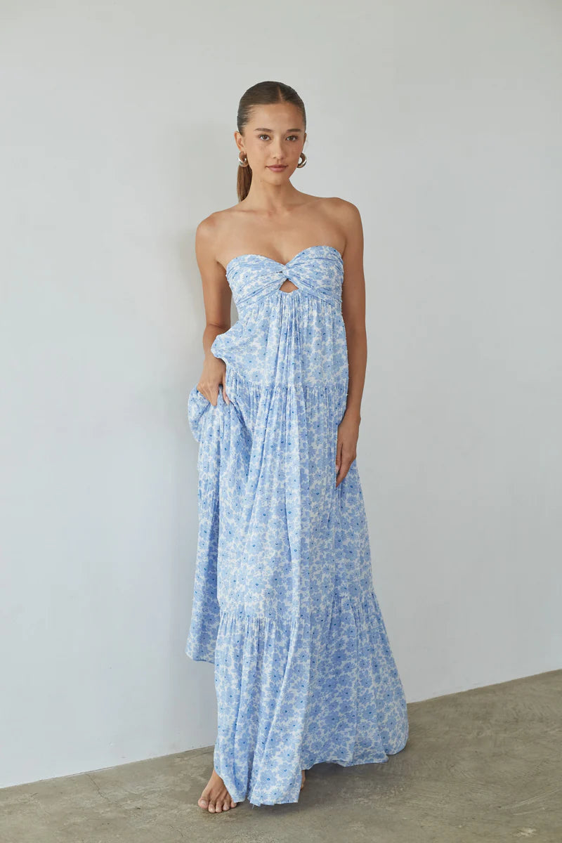 Floral Strapless Maxi Dress | Twist-Front Cutout Tiered Vacation Sundress