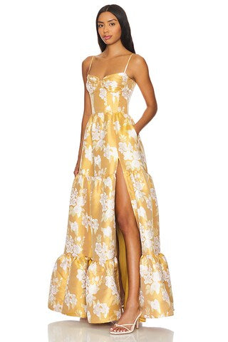 Yellow Floral Corset Maxi Dress | Lace-Up Back Tiered Gown with High Slit