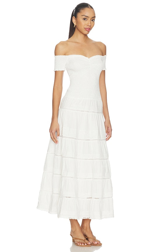 White Off-Shoulder Tiered Midi Dress | Sweetheart Neckline Lace-Trim Summer Dress