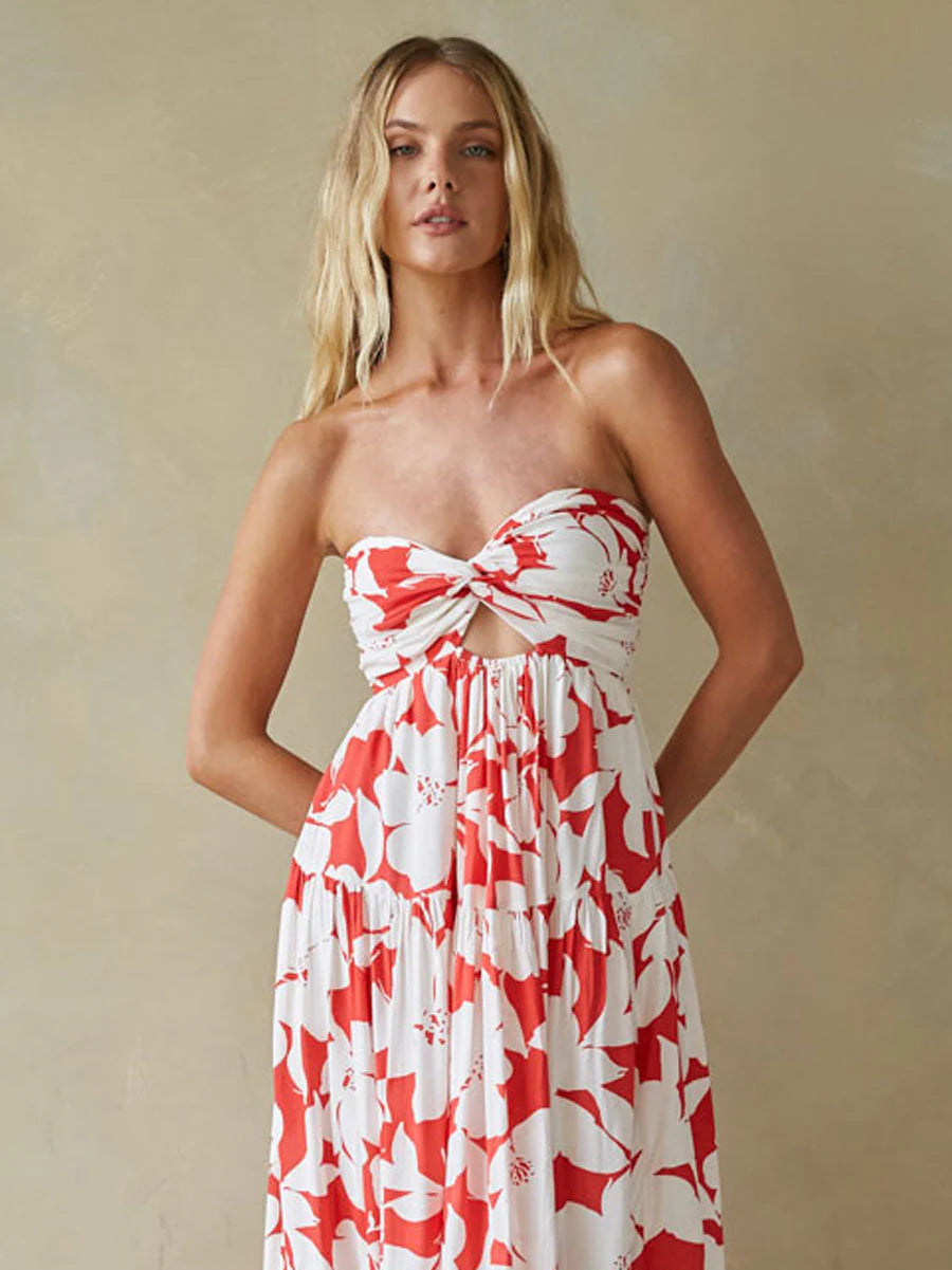 Floral Strapless Maxi Dress | Twist-Front Cutout Tiered Vacation Sundress