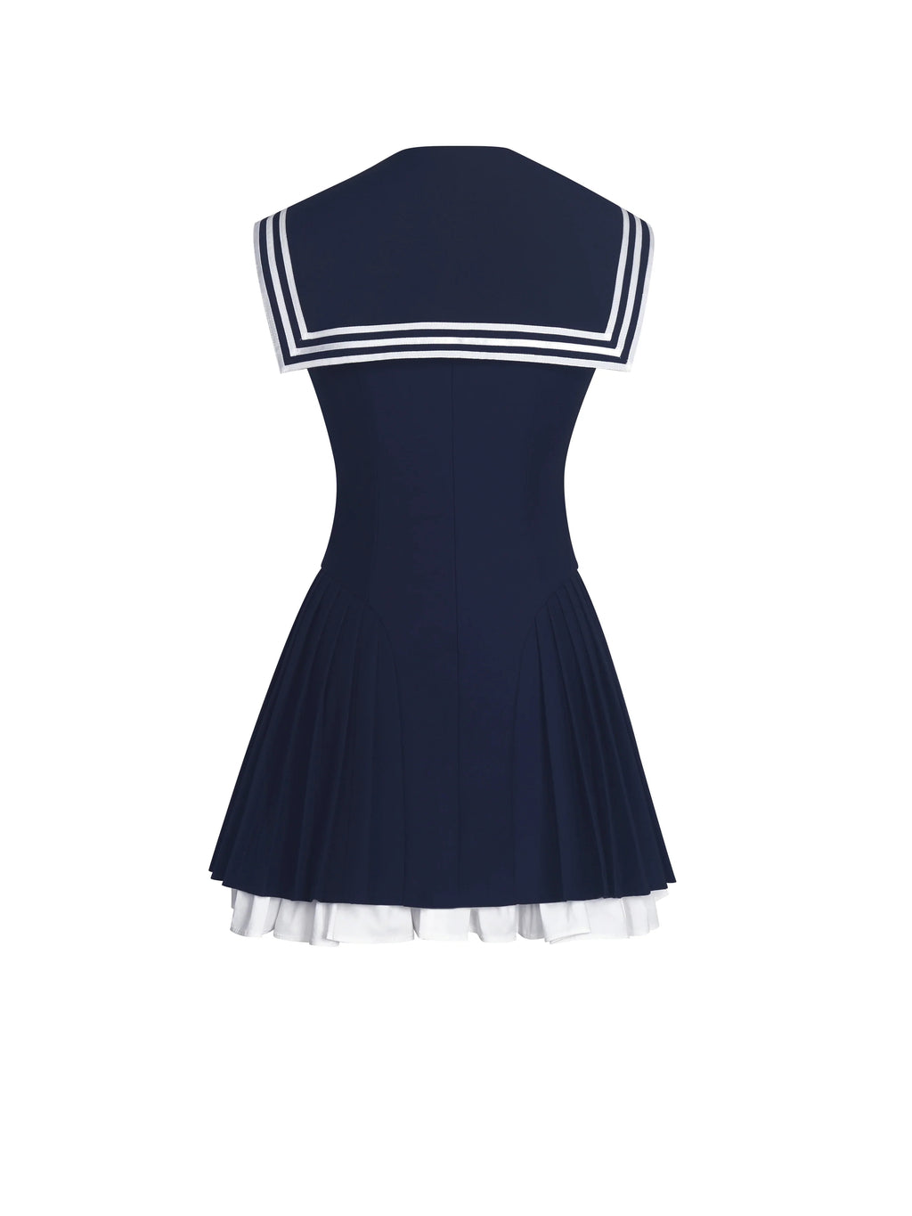 Navy Sailor Collar Mini Dress | Sleeveless Pleated A-Line Preppy Dress with White Trim