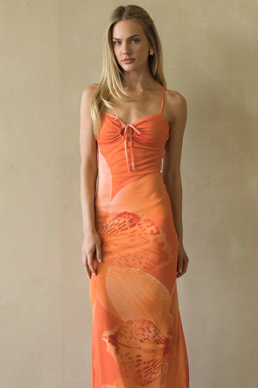 Orange Floral Maxi Slip Dress | Tie-Front Cross-Back Vacation Dress