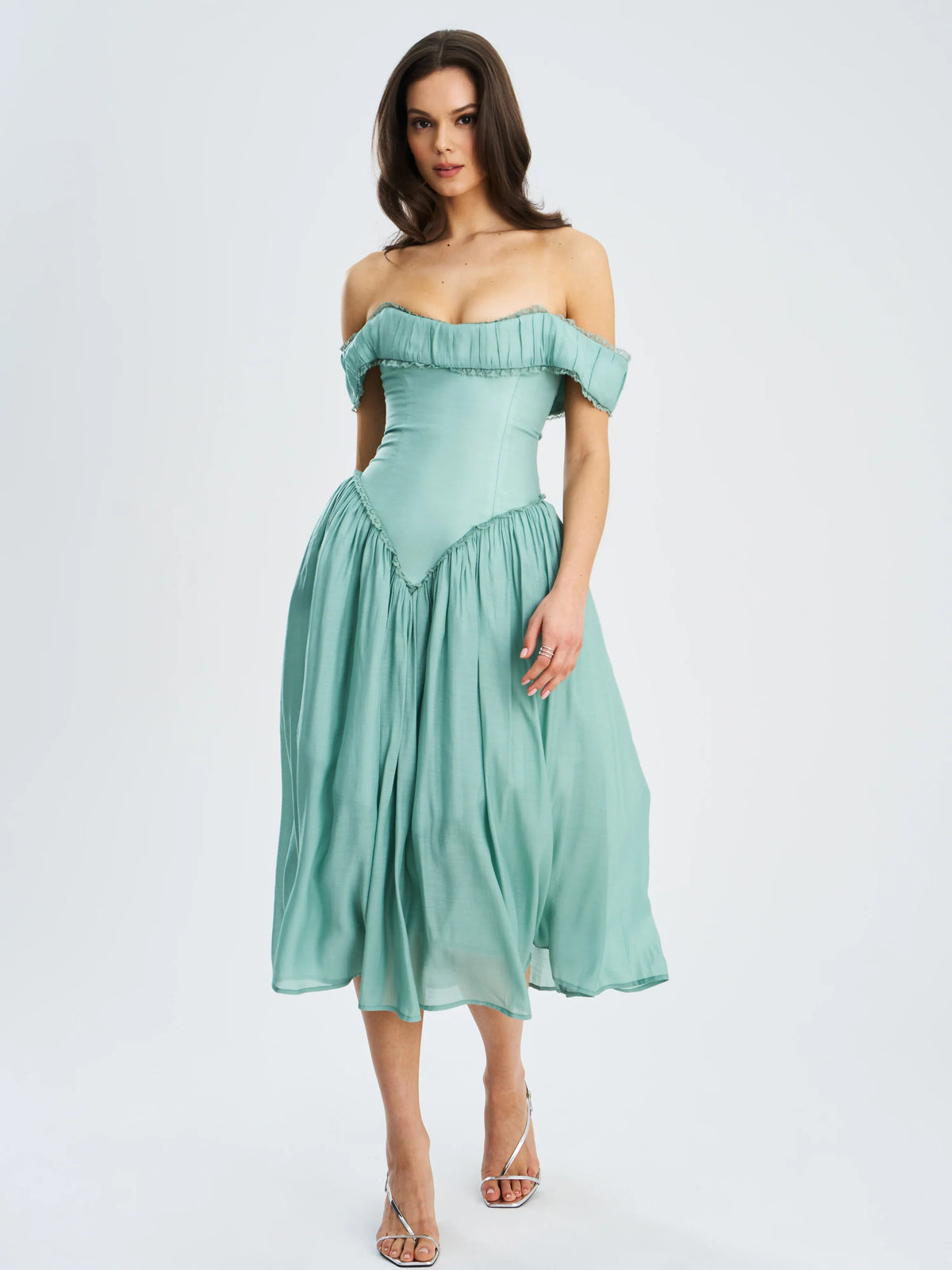 Seafoam Green Off-Shoulder Corset-Style Midi Dress | Lace-Trim A-Line Wedding Guest Dress