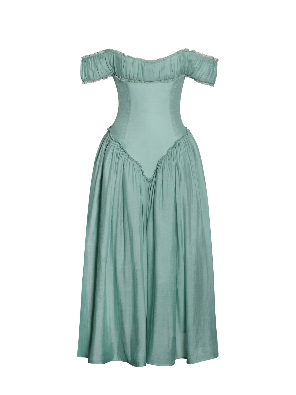 Seafoam Green Off-Shoulder Corset-Style Midi Dress | Lace-Trim A-Line Wedding Guest Dress