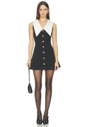 Black Sleeveless Mini Dress with White Statement Collar | Button-Detail A-Line Dress