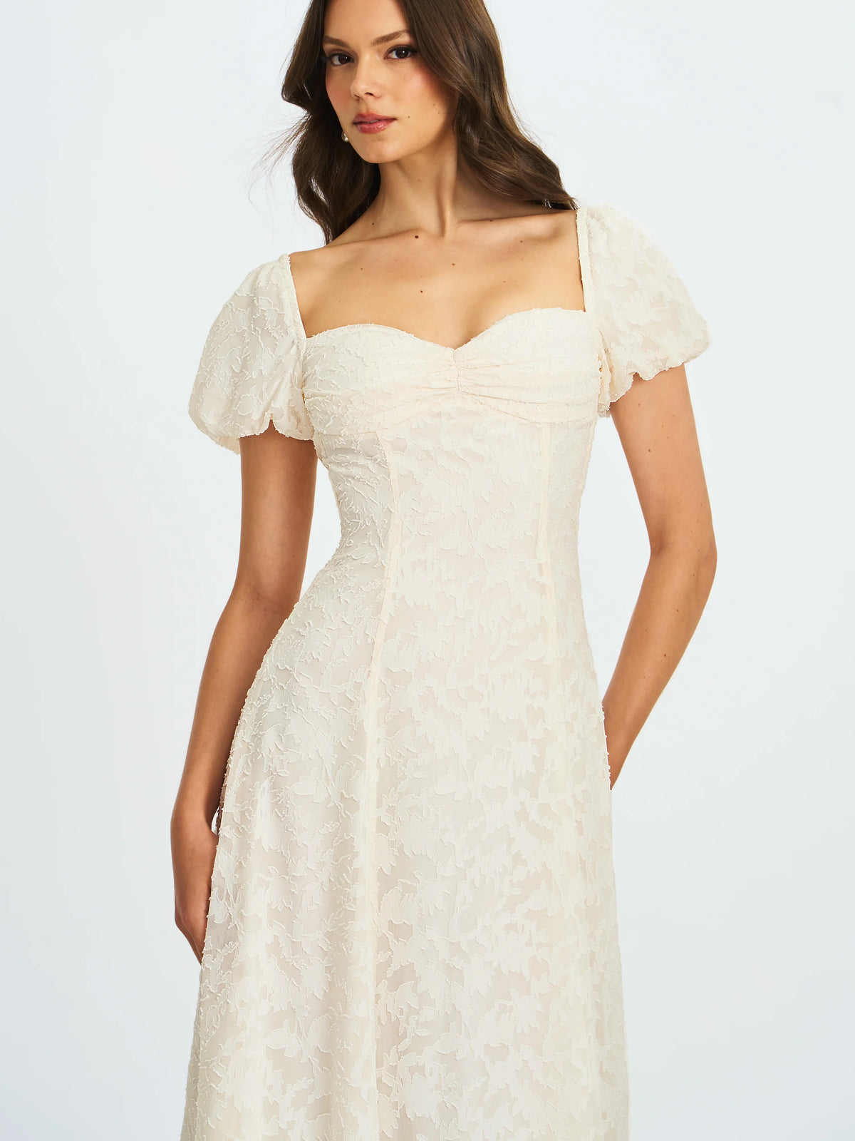 Ivory Floral Lace Puff Sleeve Midi Dress with Lace-Up Back | Sweetheart Bridal Dress
