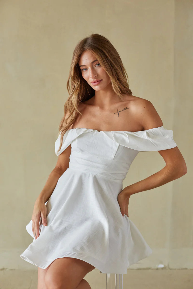 Off-Shoulder Ruffle Mini Dress | Ruched Waist Fit-and-Flare Party Dress