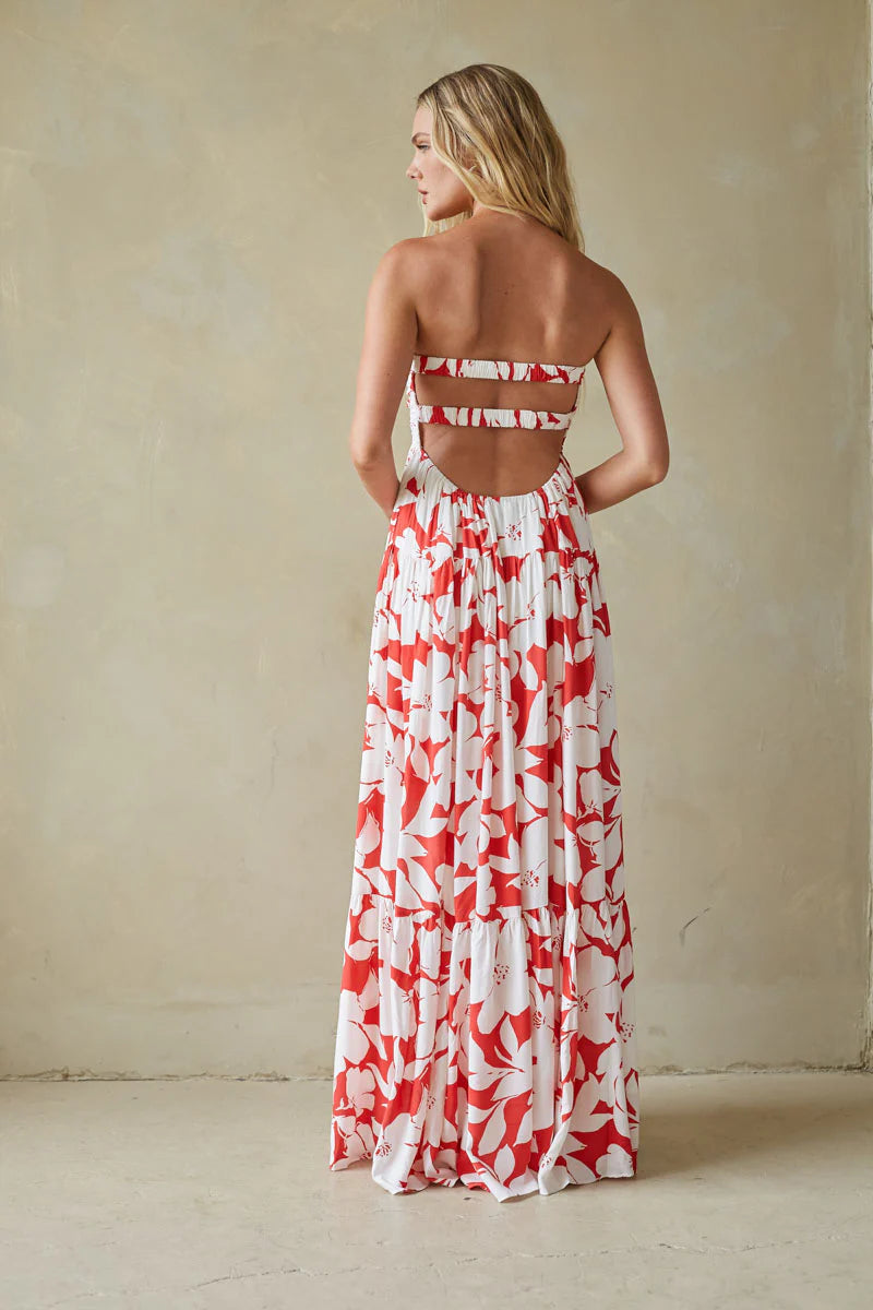 Floral Strapless Maxi Dress | Twist-Front Cutout Tiered Vacation Sundress