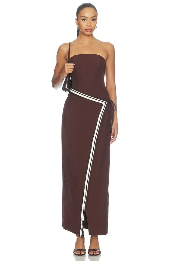 Chocolate Brown Strapless Maxi Dress with Contrast Trim | Wrap-Effect Evening Dress