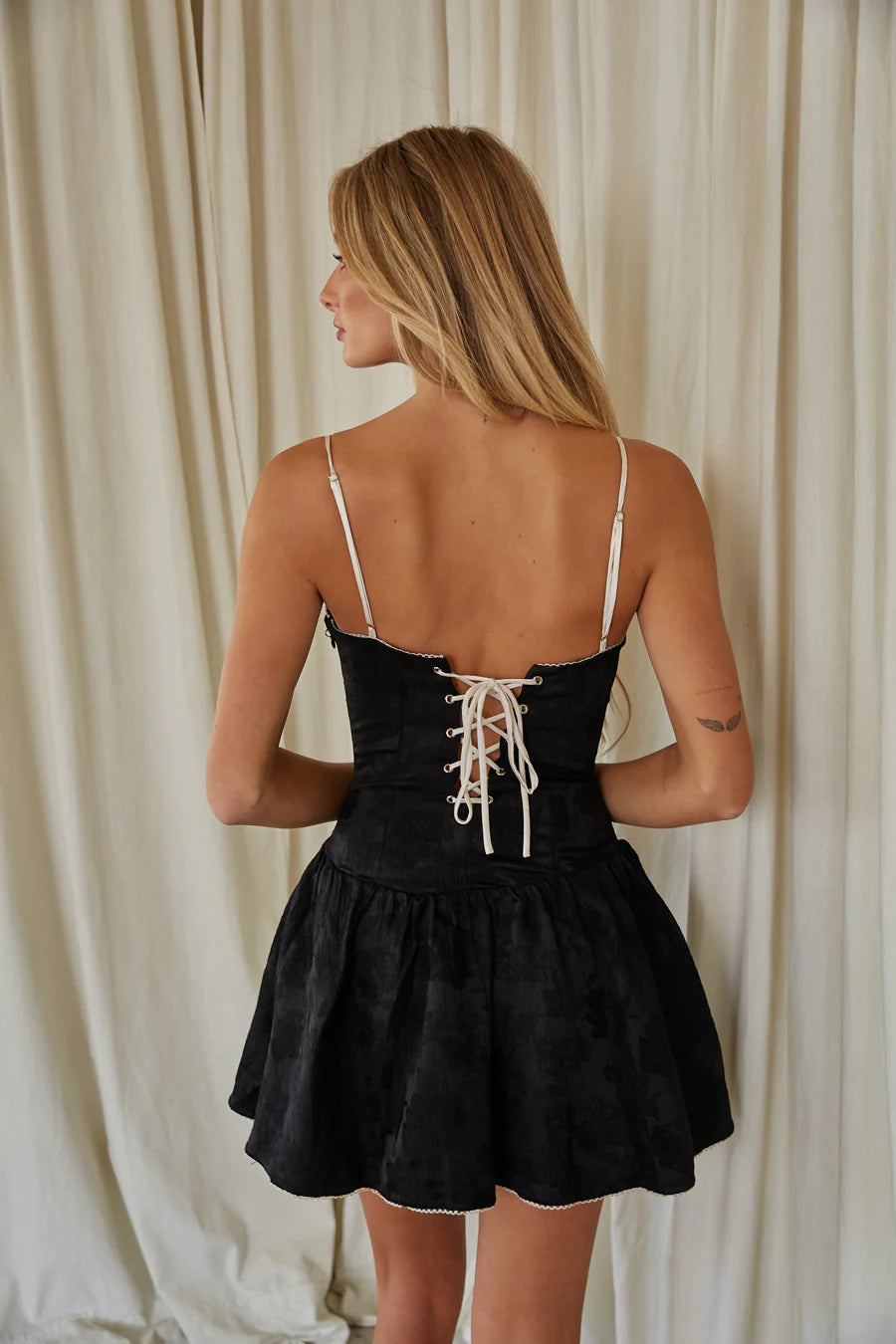 Black Corset-Style Mini Dress | Bow-Front Lace-Up Back Fit-and-Flare Dress