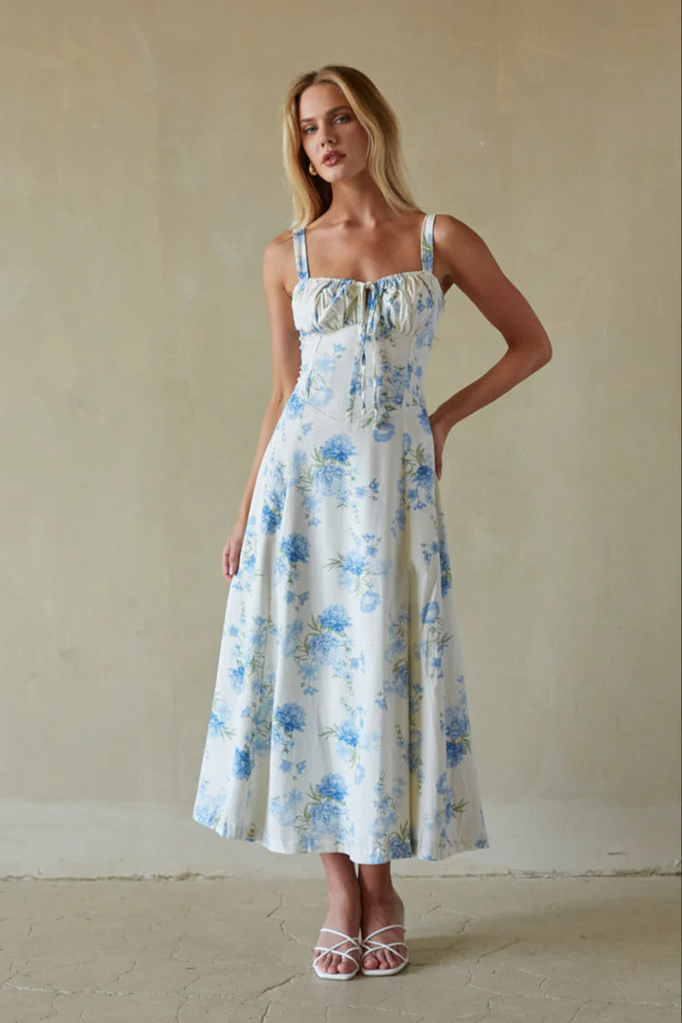 Blue Floral Corset Midi Dress | Lace-Up Back A-Line Sundress with Side Slit