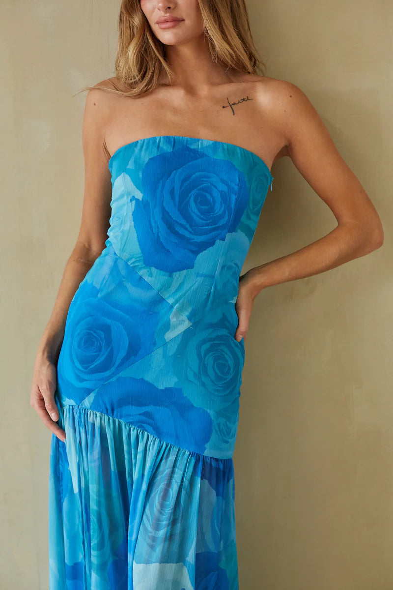 Blue Floral Strapless Maxi Dress | Drop-Waist Sheer Skirt High-Slit Occasion Dress