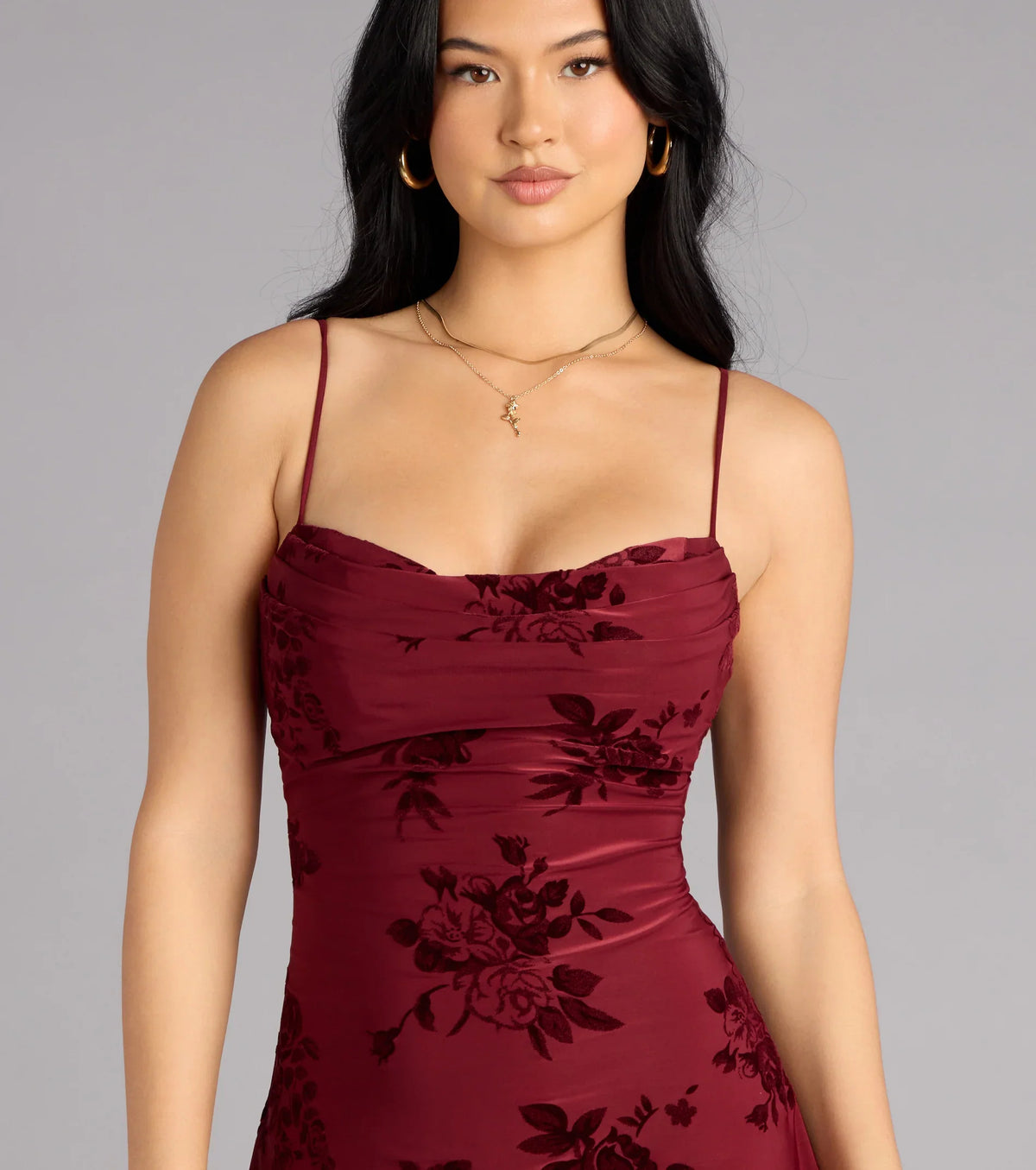 Burgundy Floral Cowl Neck Mini Dress with Spaghetti Straps | A-Line Cocktail Party Dress