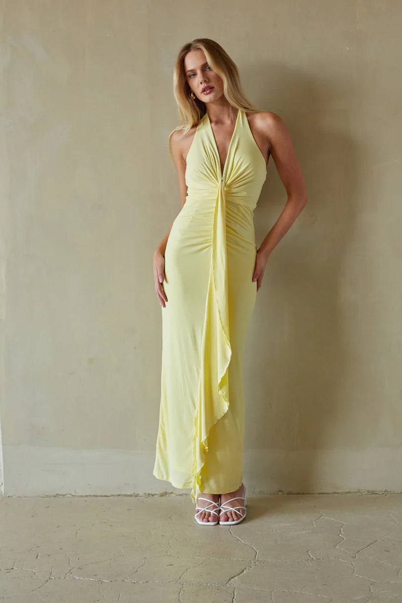 Lemon Yellow Halter Maxi Dress | Deep V-Neck Ruched Front-Drape Evening Dress