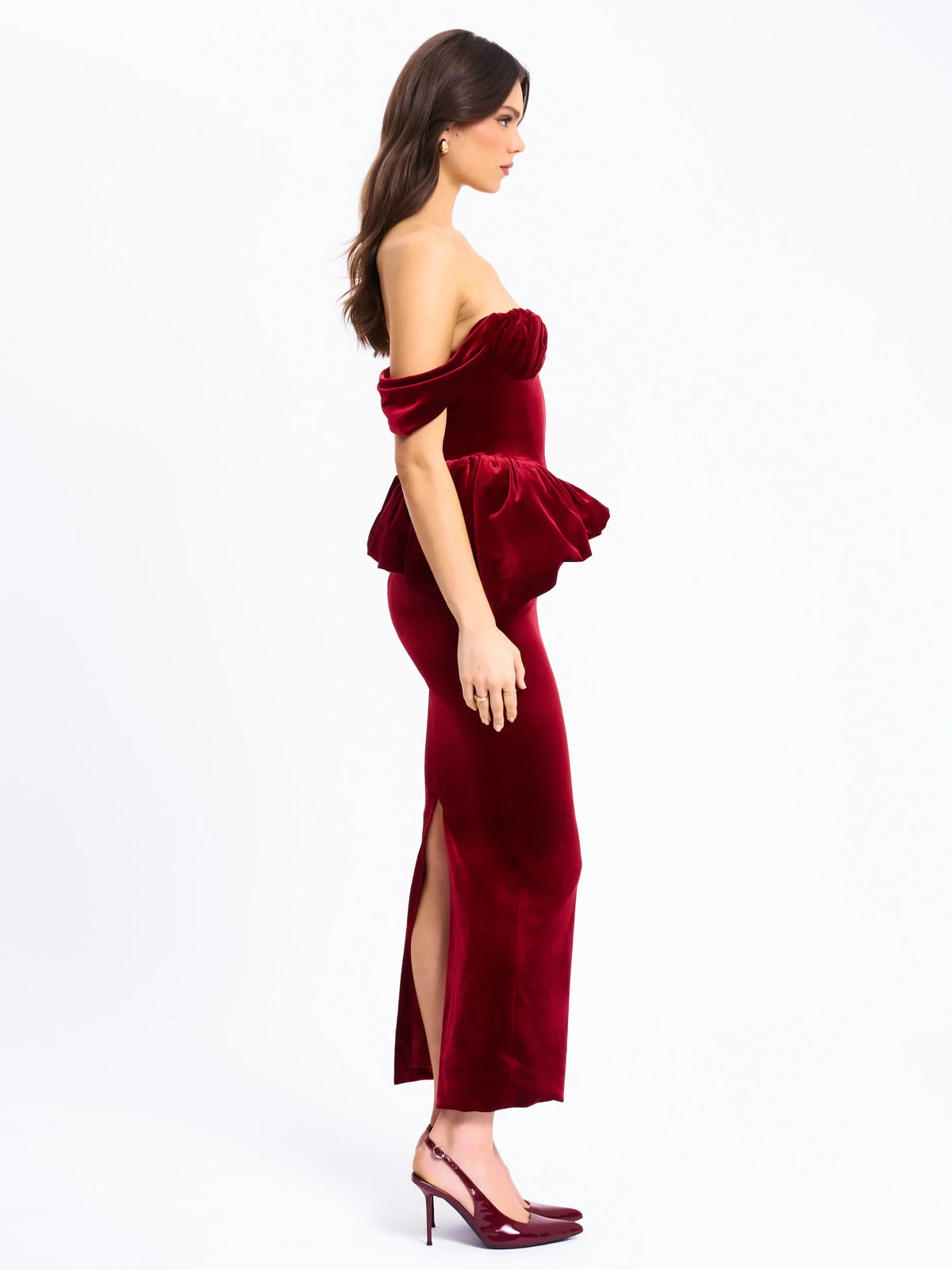 Burgundy Off-Shoulder Peplum Midi Dress | Sweetheart Neckline Formal Evening Dress