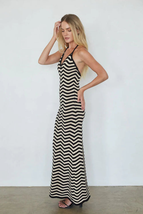 Black and Cream Chevron Halter Maxi Dress | Open-Back Knit Vacation Dress