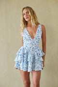 Blue and White Floral Mini Dress | V-Neck Tiered Ruffle Bow-Back Dress