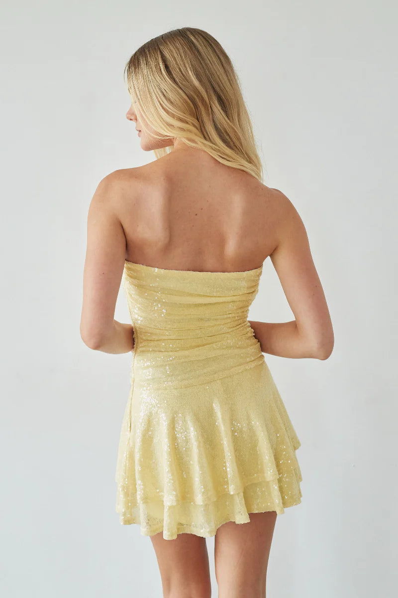 Pale Yellow Strapless Sequin Mini Dress | Ruched Tiered Ruffle Party Dress