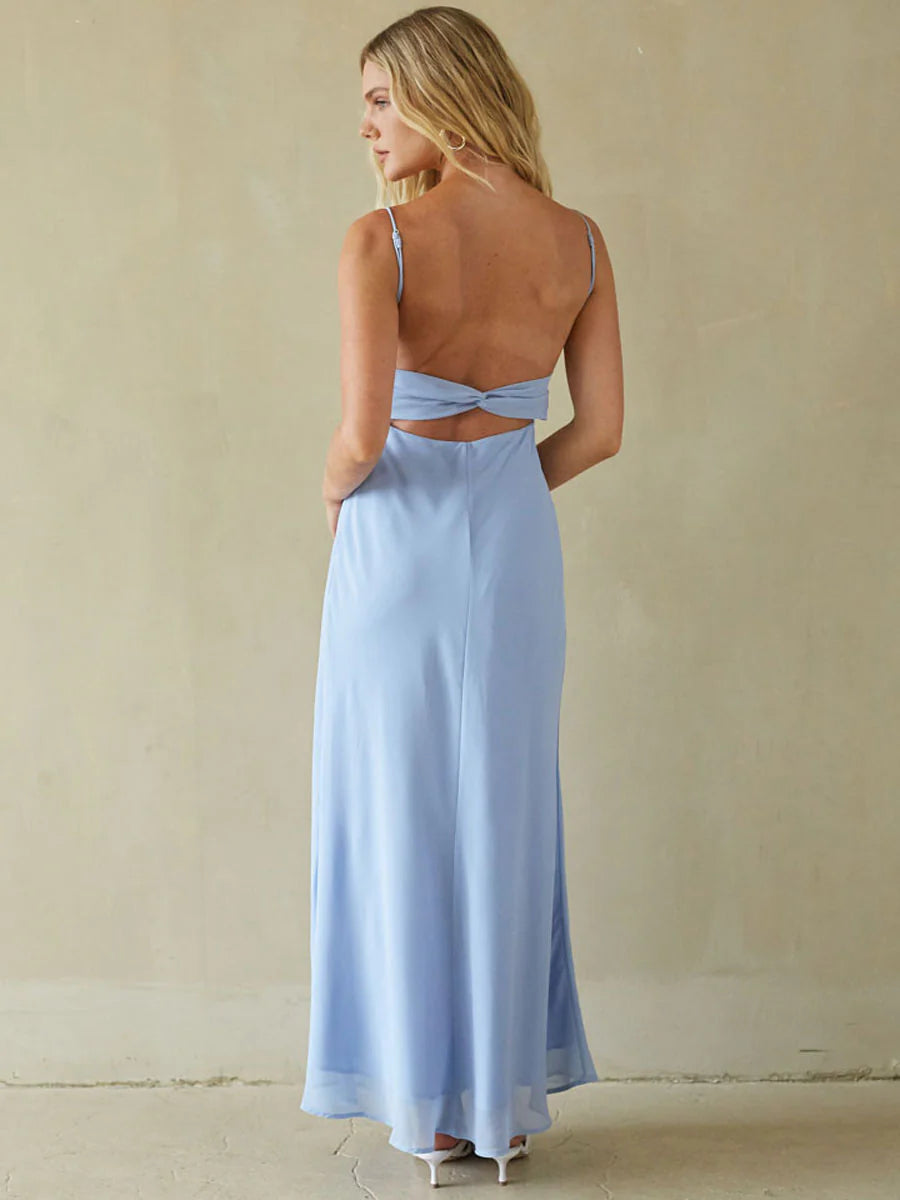 Spaghetti Strap Maxi Slip Dress | Ruched Bust Twist-Back Cutout Occasion Dress