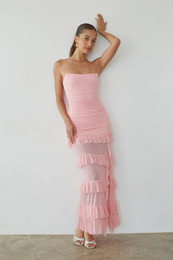 Blush Pink Strapless Maxi Dress | Ruched Bodice Sheer Ruffle Skirt with High Slit