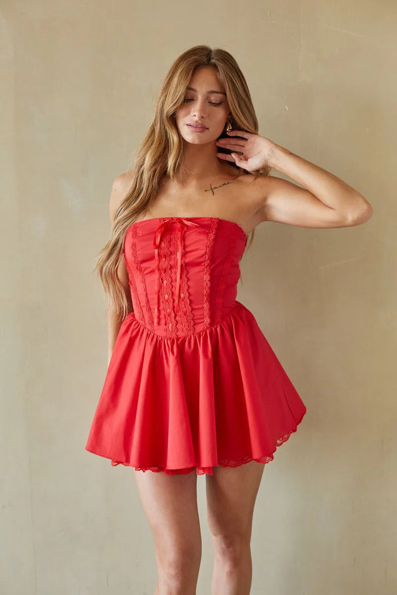Strapless Lace-Trim Corset Mini Dress | Lace-Up Back Fit-and-Flare Sundress