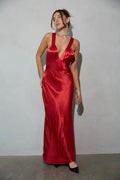 Red Satin-Look Maxi Dress | Deep V-Neck Cross-Back Evening Dress