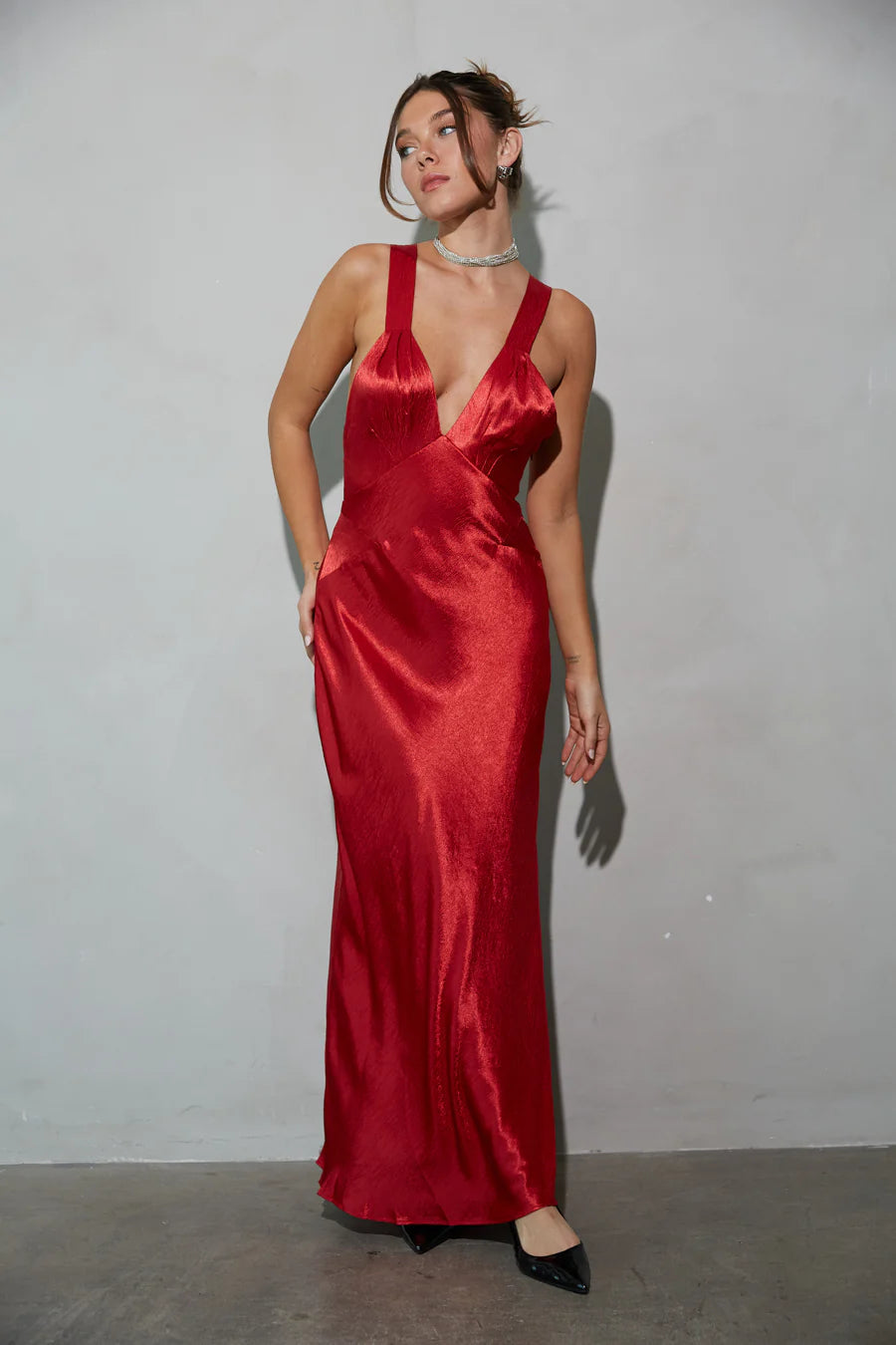 Red Satin-Look Maxi Dress | Deep V-Neck Cross-Back Evening Dress