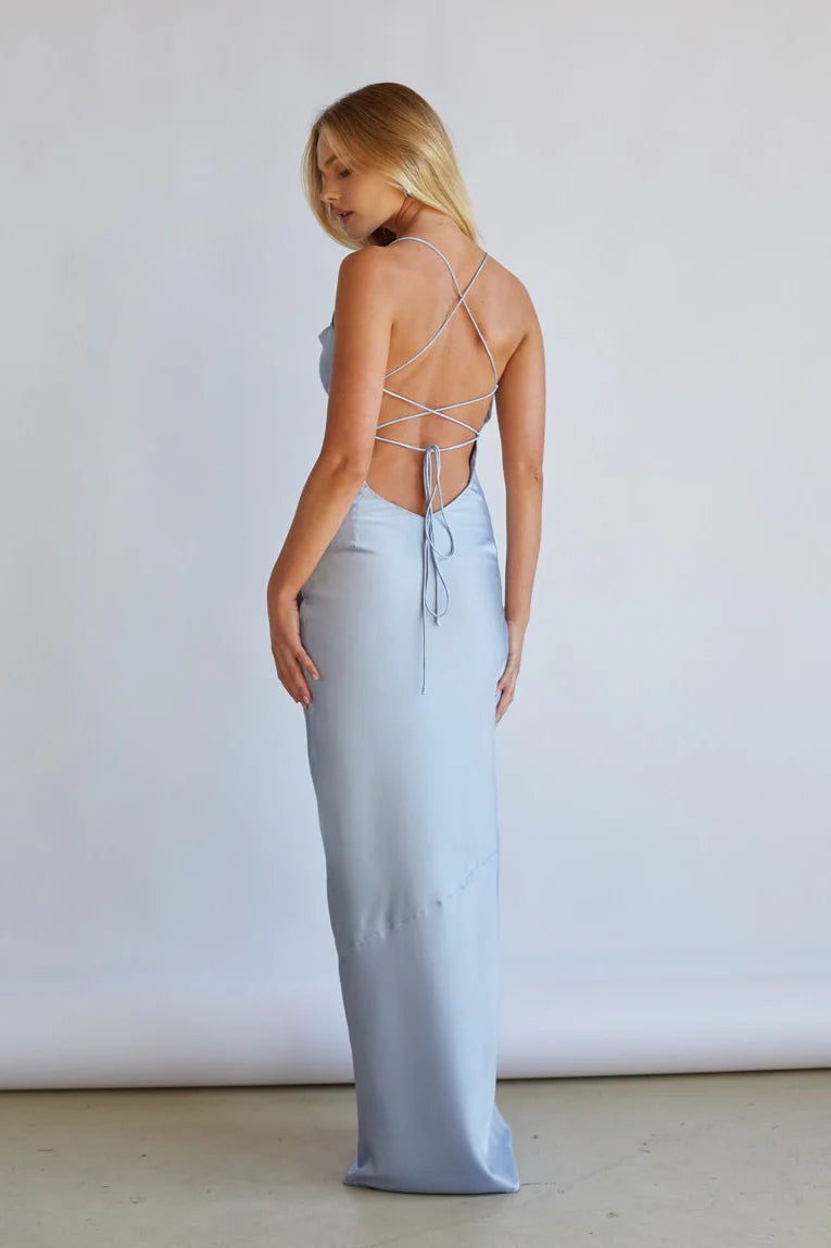 Light Blue Cowl Neck Maxi Dress | Lace-Up Open-Back High-Slit Evening Dress