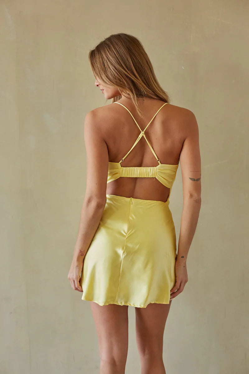 Lemon Yellow Cowl Neck Mini Slip Dress | Cross-Back Cutout Satin-Look Party Dress
