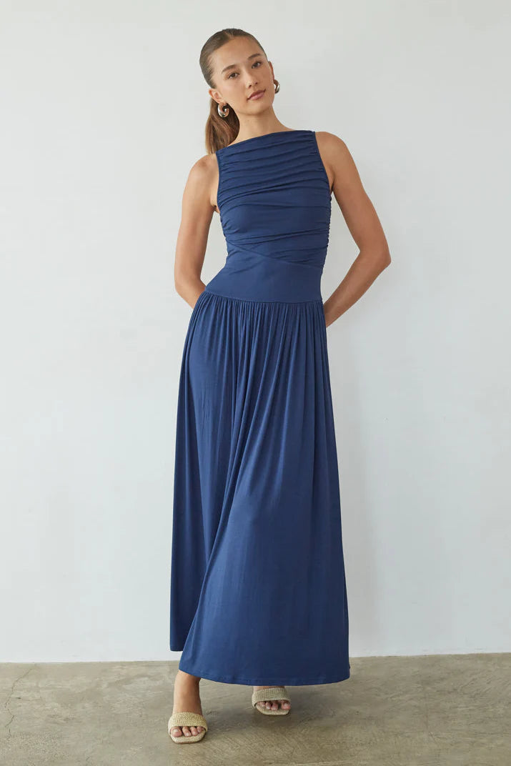 Sleeveless Ruched Maxi Dress | High Neck Drop-Waist Flowy Occasion Dress