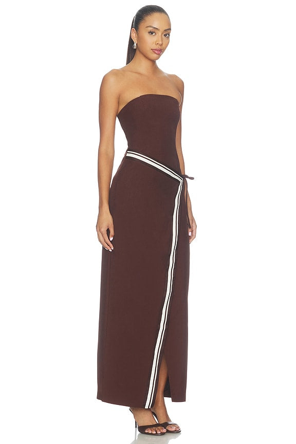 Chocolate Brown Strapless Maxi Dress with Contrast Trim | Wrap-Effect Evening Dress